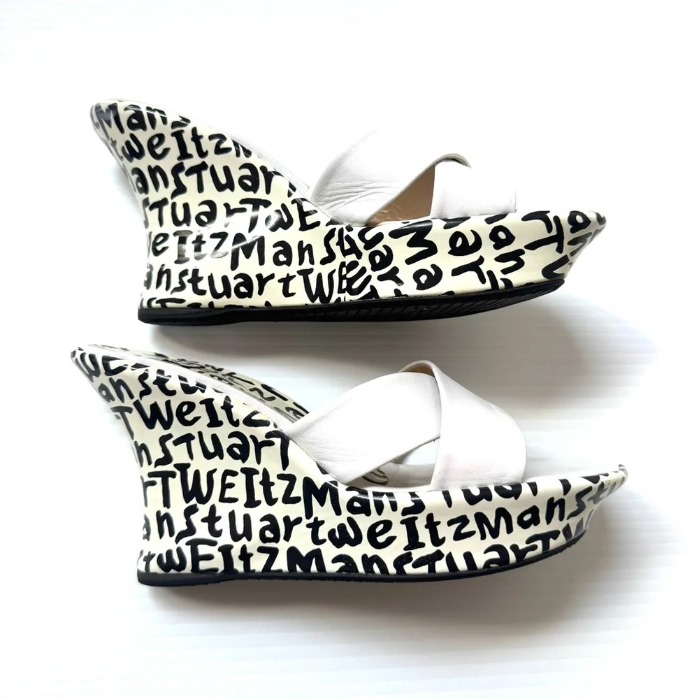 Stuart Weitzman White Leather Graphic Print Mule Wedge Heels Size 8 - Picture 4 of 13